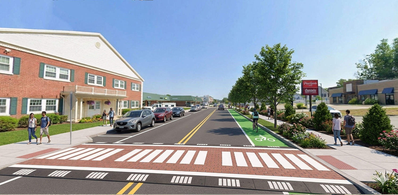 After: Chelsmford Street with sidewalks, street trees, and a bike lane