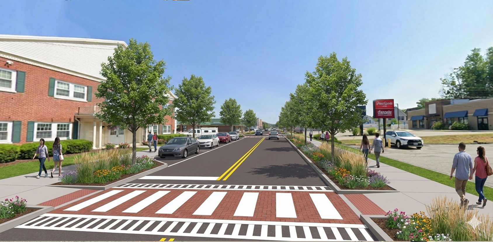After: Chelmsford Street with wide sidewalks, street trees, and parallel parking